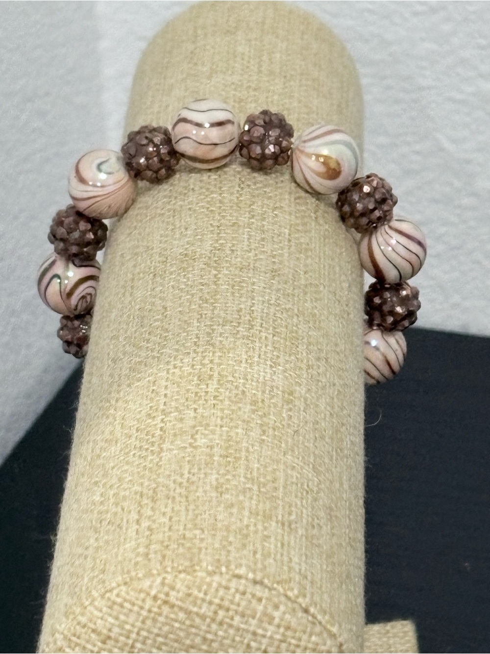 Handcrafted swirl bead with brown resin rhinestone beaded bracelet